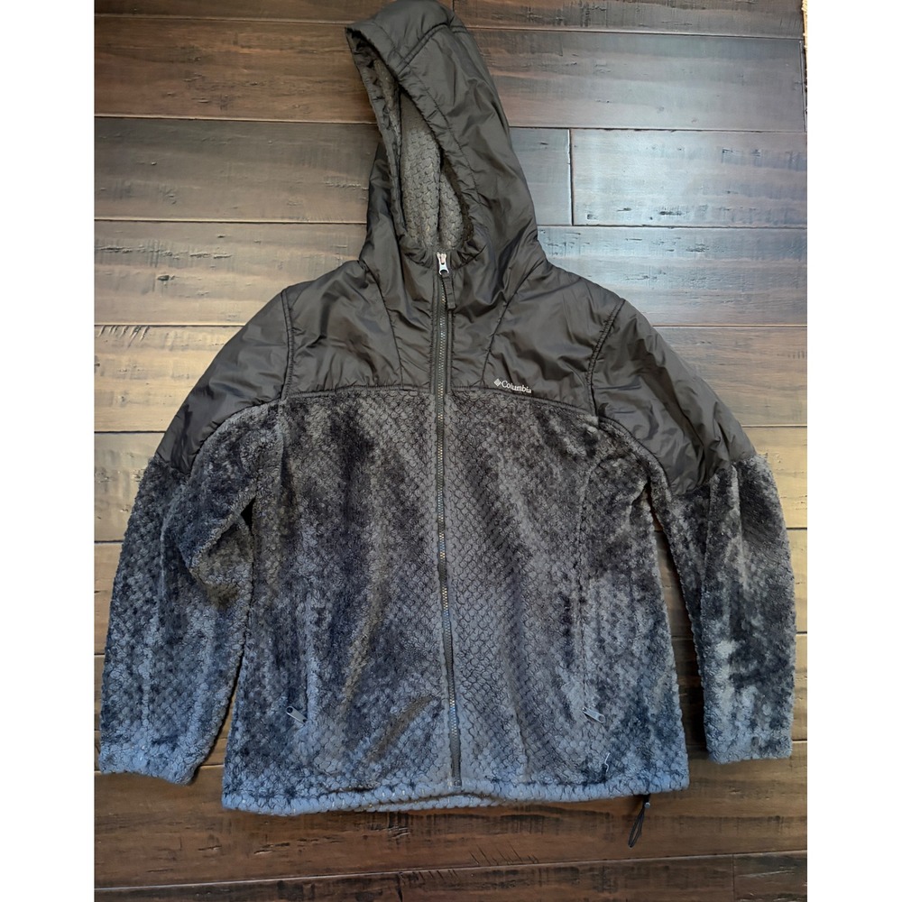 Columbia Womens Gray High Pile Fleece Full Zip Hooded Jacket Large winter fall